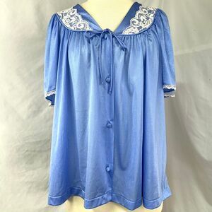 SANS SOUCI VTG 70s Blue White Lace Sleepwear Pajama Top Womens L Coquette Button